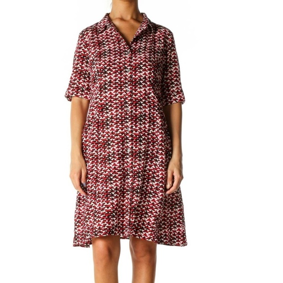 J. Jill Midi Womens Mod Print Navy Red Shirt Dress  Size 12 Tab Sleeves Collared - Picture 3 of 13
